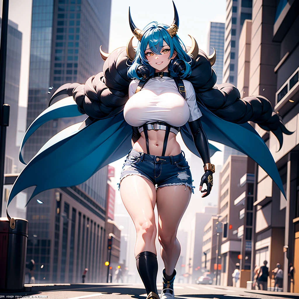 ((best quality)), (detailed), 1 brutal women, 8k_wallpaper, extremely detailed eyes, (large masterpiece digital art), (intricate details:1.3 ), (ultra-detailed:1.3), (sharp focus:1.3), (natural lighting:1.05), (vivid colors:1.3), (best quality:1.4), expressive eyes, full body, detailed face, beautiful face, perfect face, ((hair black curls)), ((blue horns)), (gold eyes), {{dark skin}}, ({dark skinned female}), (big breasts), huge chest, big wide ass, powerful relief muscles of the abdomen and legs, powerful strong muscles of the arms, a predatory and daring look, a predatory smile with a lot of fangs, dressed in an open white coat with rolled up sleeves, a translucent blue crop top through the fabric, the clear outlines of large pointed nipples are visible, denim mini-shorts, leather gloves, steel bracelets, a large hiking backpack, walks along the street of a large metropolis in the cyberpunk style with many advertising neon tabloids and labels of establishments, sunny day, light fog,