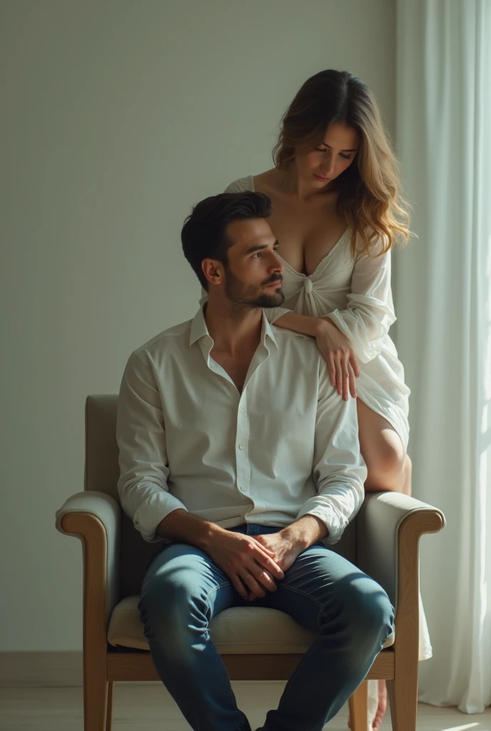 Homme assis sur une chaise. Une femme est debout derrière l'homme. La jambe de la femme passe sur l'épaule de l'homme