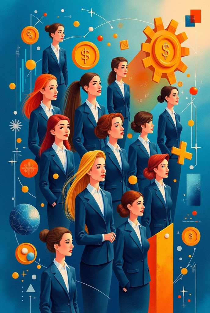 Create three-dimensional gears, circles, and squares, currency, graph lines, and many many businesswomans Wear a dark blue suit images. Using watercolor and mixed media Use bright colors The light source is in the upper right corner,background blue. --ar 2:3