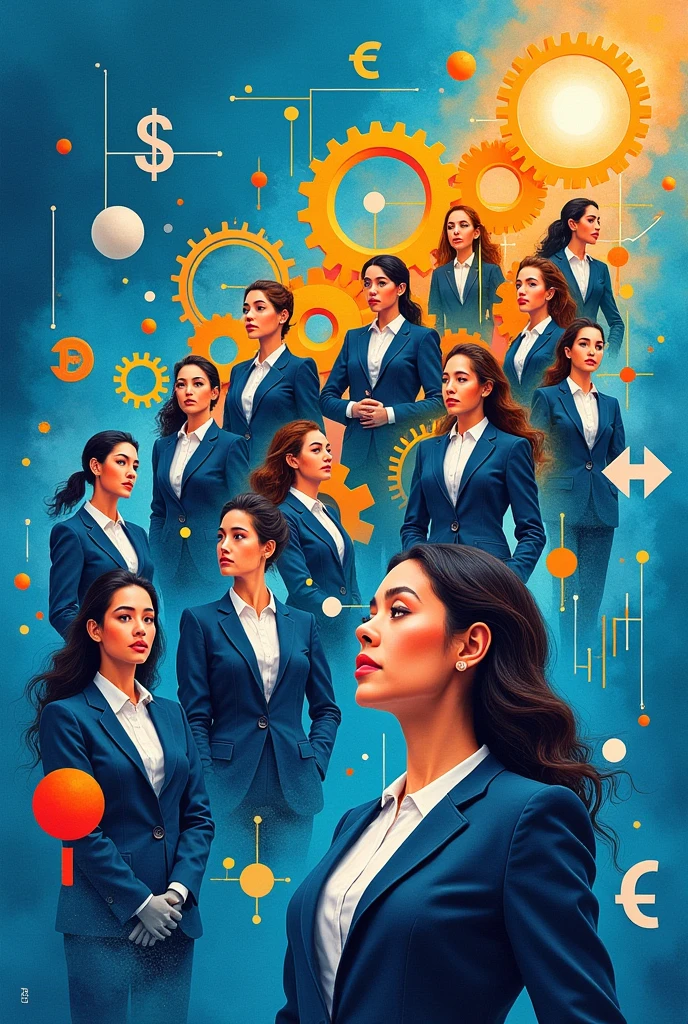 Create three-dimensional gears, circles, and squares, currency, graph lines, and many many businesswomans Wear a dark blue suit images. Using watercolor and mixed media Use bright colors The light source is in the upper right corner,background blue. --ar 2:3