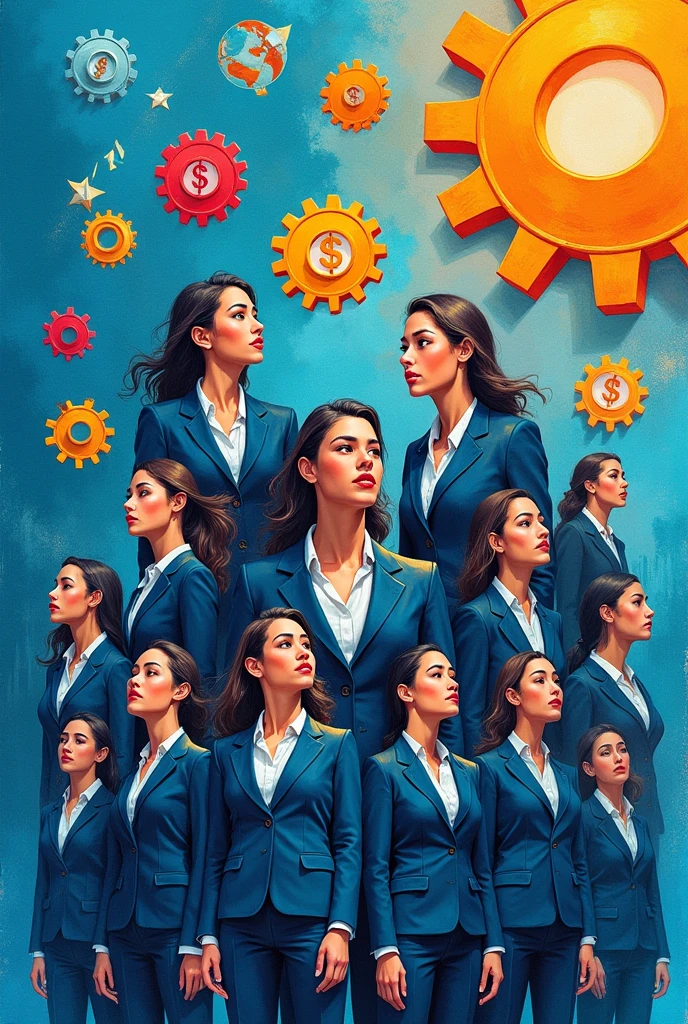 Create three-dimensional gears, circles, and squares, currency, graph lines, and many many businesswomans Wear a dark blue suit images. Using watercolor and mixed media Use bright colors The light source is in the upper right corner,background blue. --ar 2:3