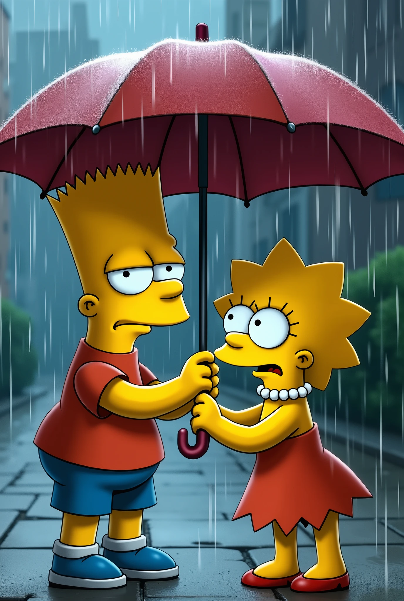 Bart and Lisa in a cute moment. Bart is angry. Bart holds an open umbrella protecting Lisa from the rain. Lisa is suspicious. Bart looks suspiciously. The two are furious.