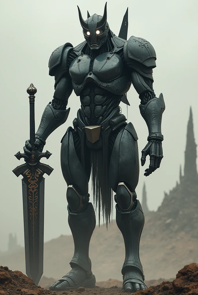 (Imagine a two-meter humanoid with legs made of a mixture of flesh and metal making it look like armor that covers its entire body including its face that does not seem to have visible features since it seems to be covered by a helmet with only two luminous points where its eyes should be.,On the part of its skull it has horns making it look like a crown.He is serious and reserved.He has no clothes as practically his entire body is covered by his techno-organic skin similar to a black comor armor mixed with gray..He always carries a sword with engravings on its blade that faintly mock.He has the ability to control the cone energy that he channels into his sword to attack..He lives in a ruined world without many resources that is in constant war. He is a warrior who only fights to survive.