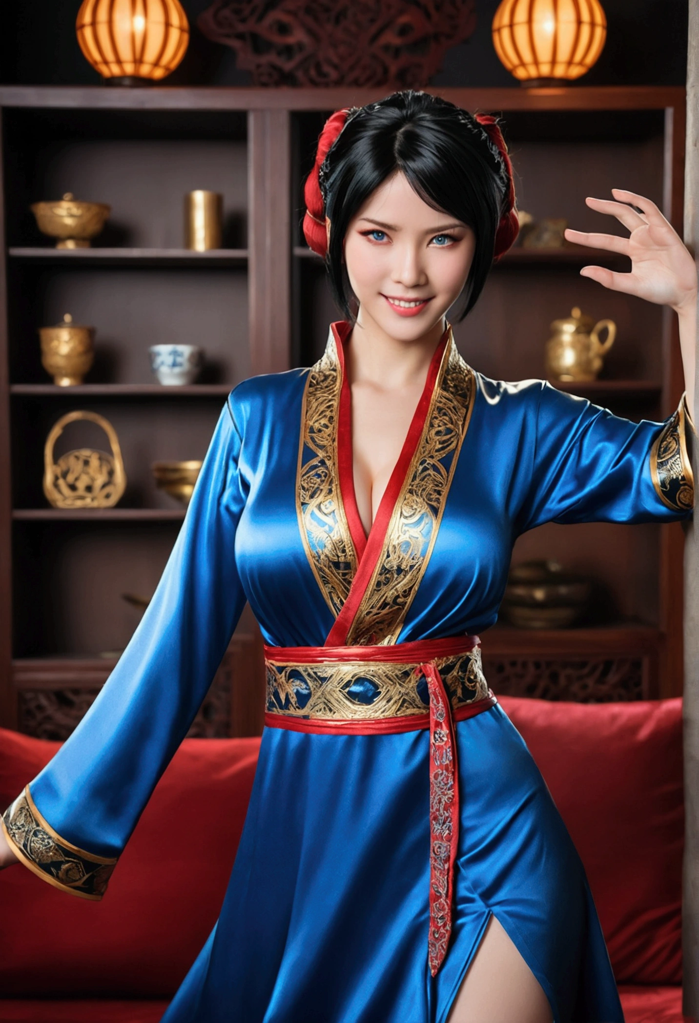 work of art, ultra high quality cg, best qualityer, perfect photo, standing alone, Lidia Sobieska, oriental-like, 21 years, (tekken, short medium black hair, blue colored eyes, red hair tie, stark, smiling), wearing a Chun Lee cosplayer, the volume of her large breasts, wearing a long flared dress, black leather jacket with gold embellishments, standing on a sofa, olhando de lado, blushful, arms raised as if to strike someone, and showing in his hands a gold engagement ring, in a luxury oriental apartment-like , playing in sexy poses and provoking sexual desire , room decorated with heroes and mangas on the shelf with actor lives figures, with flat screen TV with a mortal komba game