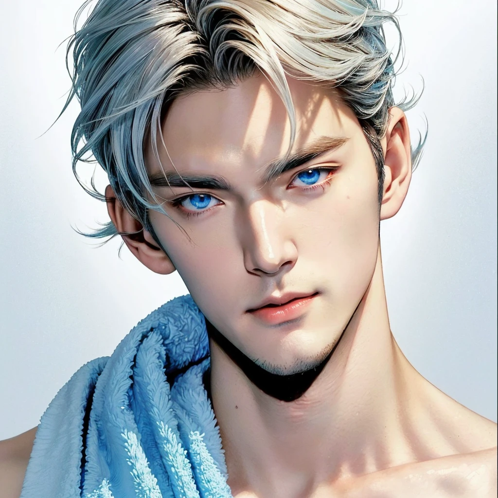 a close up of a man with a towel on his shoulders, anime handsome man, tall anime guy with blue eyes, handsome guy in demon slayer art, anime portrait of a handsome man, sakimichan frank franzzeta, male anime character, xqc, delicate androgynous prince, range murata and artgerm, stanely artgerm