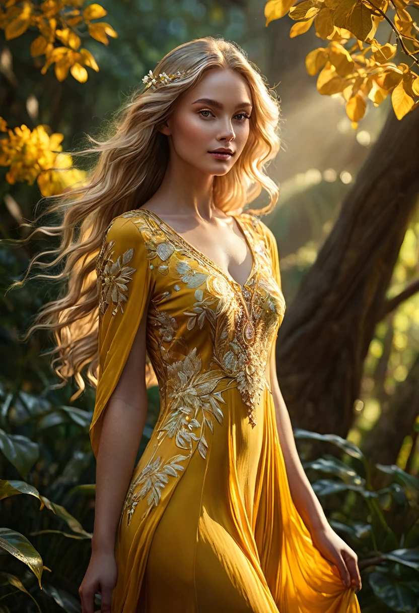 A woman, radiant and graceful, she embodies the spirit of nature, she has delicate elf-like features, long flowing golden hair that cascades like sunlight through the leaves, (((a woman with long golden hair 1.75)))(((extremely beautiful))), perfect, sun-kissed skin, standing in a serene, sun-dappled glade at dawn with soft golden light filtering through the trees, warm and luminous palette, a flowing, form-fitting yellow dress adorned with intricate floral patterns, amber eyes that sparkle with wisdom and warmth, 8K, ethereal and statuesque, extremely detailed, (high quality, realistic, photorealistic: 1.37), ideal proportions and defined, glowing skin, meticulously crafted features, unapproachable beauty, perfection, artistic art, vivid realism, hyper-detailed sculpting, realistic shapes, truly inspiring, impeccable craftsmanship, pure brilliance, ethereal beauty, delicate contours, striking poses, sublime beauty, subtle nuances, dynamic compositions, vibrant colors, perfect lighting, serene expressions, heavenly aura, majestic presence, dreamlike atmosphere, unmatched detailed high octane rendering trending on artstation, 8k art photography, photorealistic concept art, cinematic volumetric soft natural light, chiaroscuro, award-winning photography, fine art, oil on canvas, beautiful, detailed, intricate, serene