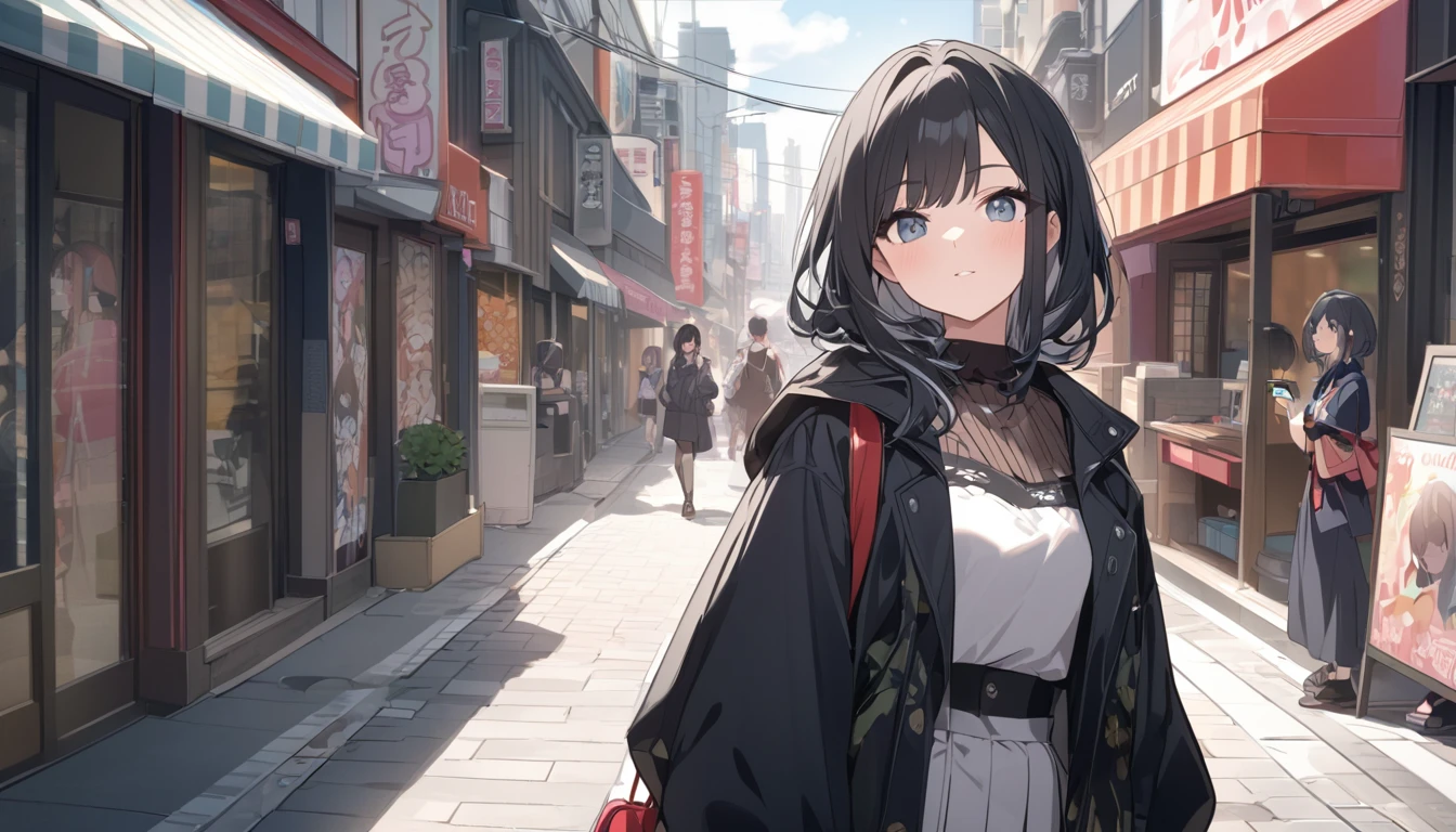 東京のStreetscape、A woman with black hair and cute clothes looking at me,Streetscape、listen to music、Japanese