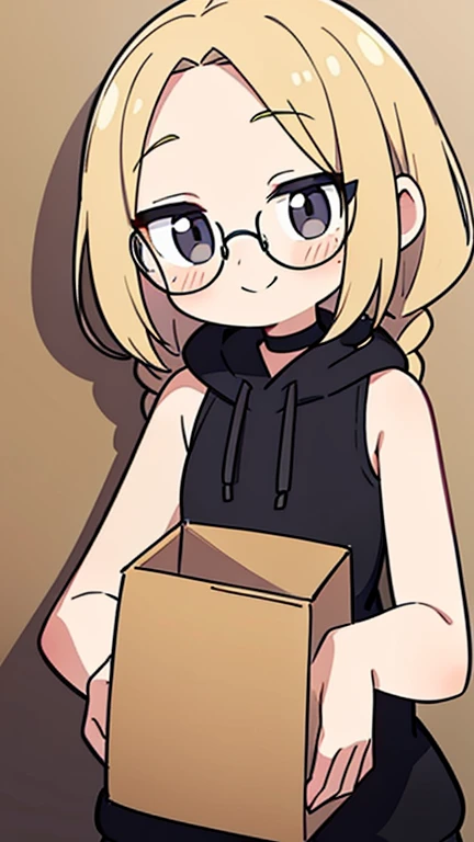 Beige hair color, center parted bangs, forehead exposed, no hair on the sides of the face, large glasses, black sleeveless hoodie, bob hair with reduced volume, long braids on both sides from the nape of the neck to below the chest, holding a large cardboard box in both hands, gray eyes, shy smile, choker, adult woman, blushing cheeks, beautiful, black sleeveless hoodie, bare shoulders 