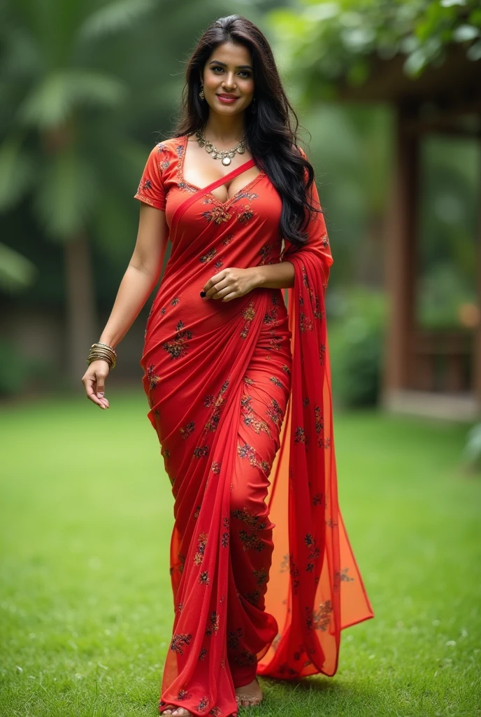 Fit Indian Wife with a huge round and long cleavage line visible in a folded net saree, red floral saree, HDR, 8k, hyperdetailed, best quality, ultra-high resolution, HDR, curved body, 8k, walking on the lawn , look at viewer, having perfect breasts, ( perfect anatomy with hour glass body type), wavy hair, bright smile, wet body , wet saree