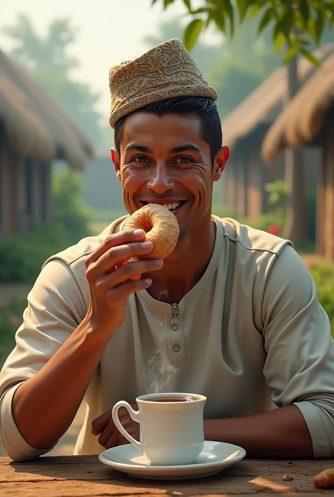 Will please create a photo a Cristiano Ronaldo wearing daura sural Dhaka topi and eating donut with Chiya with beautiful Village background