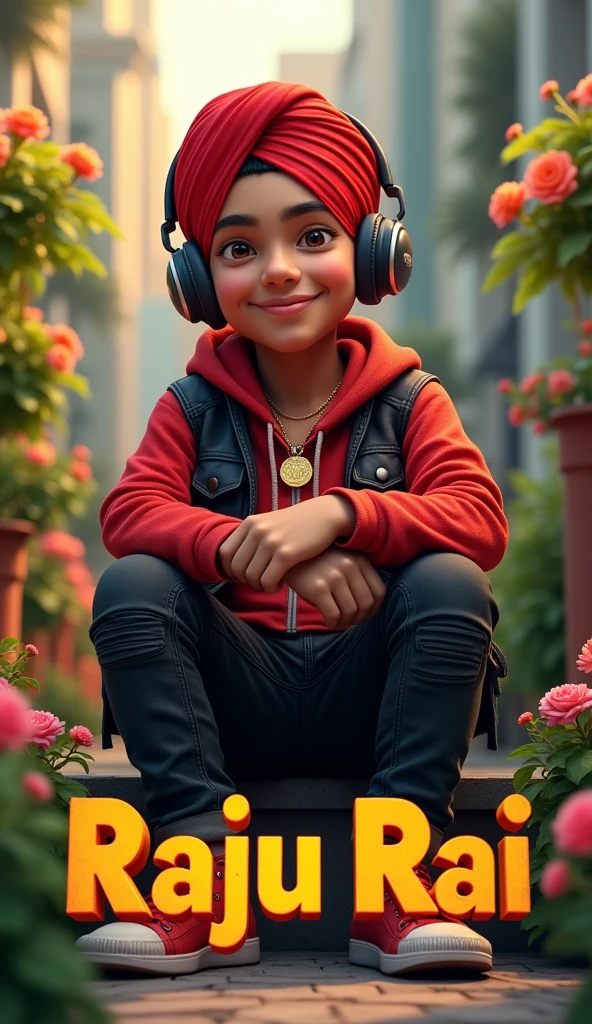 A 16 years Punjabi boy wear a red colour , turban ,siting on  bold name "RAJU RAI"  , red denim jacket , black cargo jean , , red shoes ,   ,  , realistic, background in flowering. Lighting plant, ear in bluetooth , modern style , gold coin nackless in neck ,smile , 