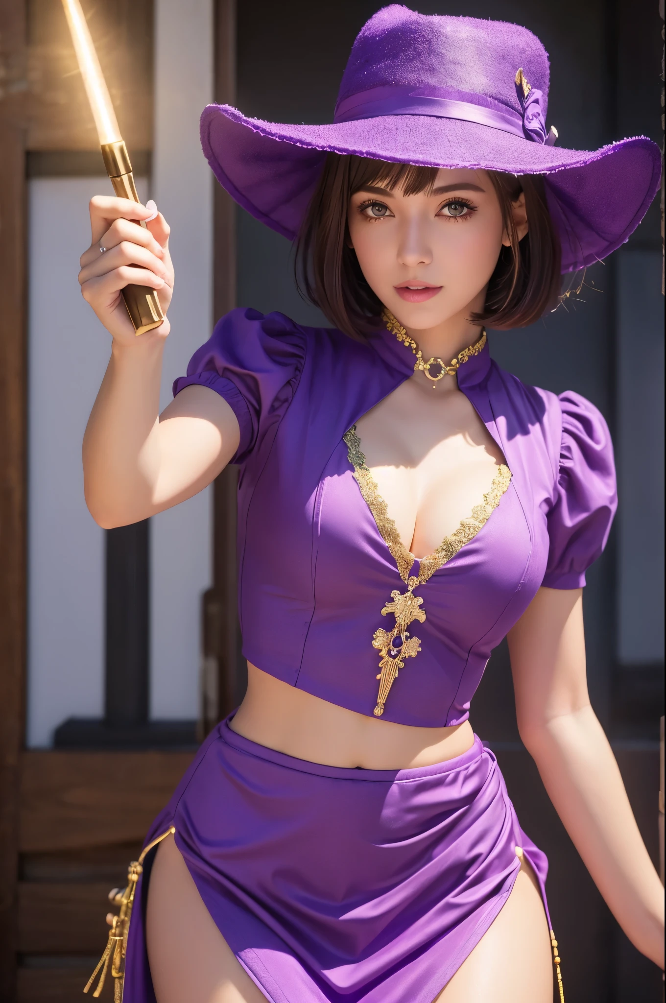 8k,Tag Girl,Goddess in purple outfit and hat holding magic wand, Very beautiful eyes,Golden Eyes,Light Purple Short Bob Hair,purple and gold skirt,small breasted goddess,Very detailed artgerm, ig model | ArtJam, Style ArtJam, Art James&#39; Style, Fan Art Best Art Station, ! Dream ArtJam, ArtJam・ラウ, Concept Art ,Kschaert Krentz Key Art Feminine,Ultra-high resolution,Ultra-Realistic Skin,cute,Highest quality photorealistic RAW photos。Backlight、Cinema Lighting、Film Grain、50mm lens、Nikon D850、Ultra-Realistic Skin、Fantasy art、Character Art、Ultra-high resolution、muscular and slim body、Ultra-Realistic Skin,Perfect hands(Anatomical modeling),