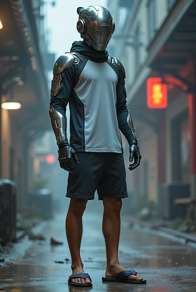 A young man with a futuristic robot helmet and shirt and shorts and flip flops.