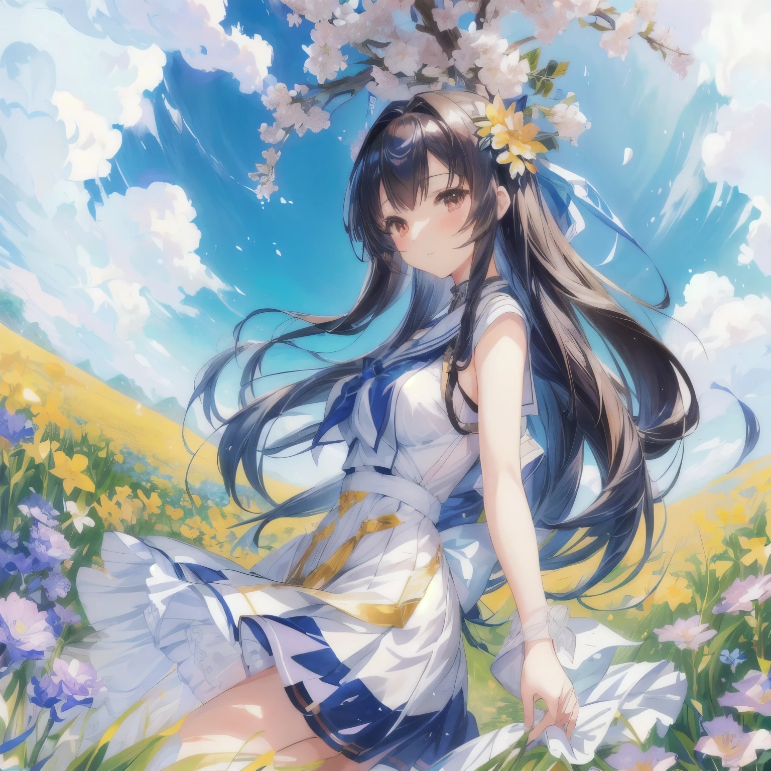 Anime girl in a flower field,Background is blue sky, Fleet Collection Style, official art works, Cute girl anime visual, Anime cute art style, I will also draw the fan, Qingfu, Smooth anime CG art, Visual novel cg, Kantai Collection Arcade, Anime Cover, high detailed official art works, From the Azur Lane video game