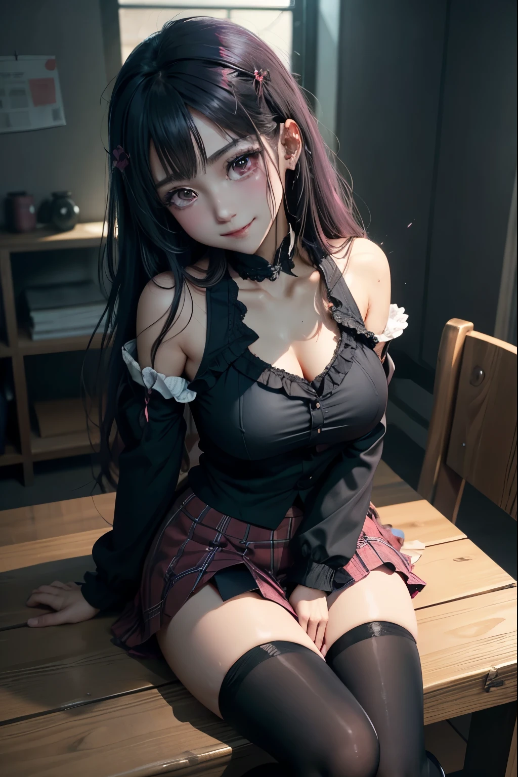 high school girlブレザー、high school girl、Red checked skirt、JK Style、Jacket、smile、garter、Knee socks、Panty stocking、Otherworldly beauty、Really cute、boredom、Extraordinary beauty、Dark black eyeshadow、sorrow、Good skin radiance、Long Hair Straight Hair、Dark Gothic Makeup、暗いsmile、Beautiful woman、Stained Glass Background、On the table、Highest quality、5 reference books、Sweat glistens on my chest、Sweat glistens on my face、Thigh sweat、sweating、Black frill East size Regular size、Dark pink hair、、Sweat on your thighs、Sweat a lot and become sticky。、My thighs are sticky and shiny、Sweating on thighs and chest、Small breasts、Slightly slim、Sweating all over the body、play piano、sit and play an instrument、Thin legs、Two people、Lesbian couple、hug、私の女友達はReally cute顔をしている、My female friend has a very beautiful face.、Do lesbian play、Super straight hair、Extremely fair skin、