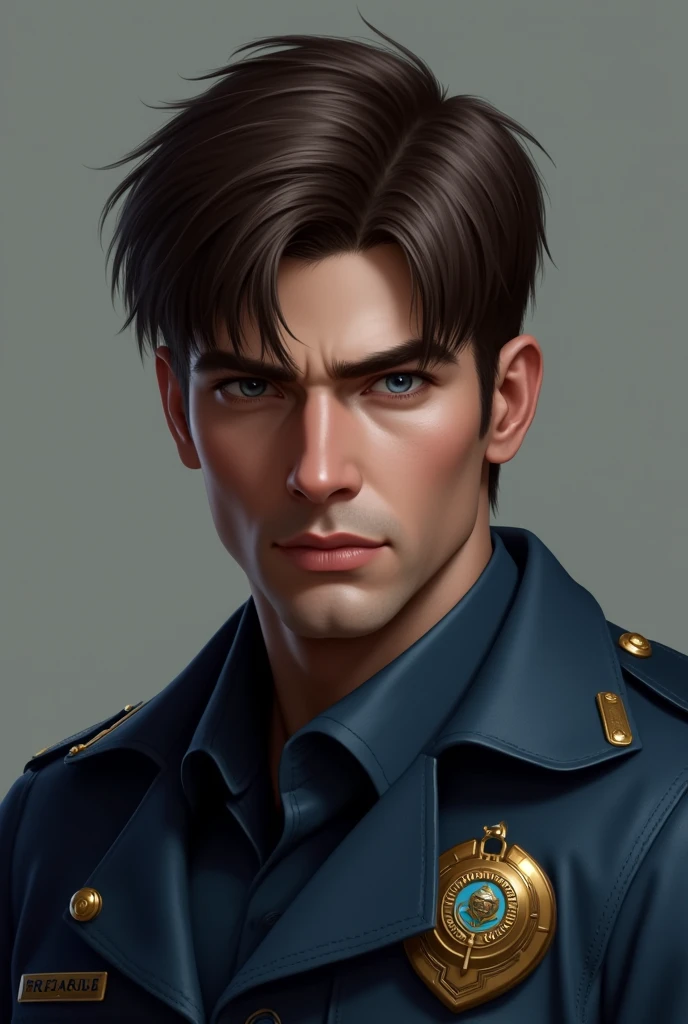 Leon is a man. His R.P.D. uniform has been updated. He has clean shave. Leon is depicted to have icy dark blue-brown eyes. In later games, his outfits are either blue or black. Leon appears to have brown hair, with fringes on each side. 

Generate the image of this man