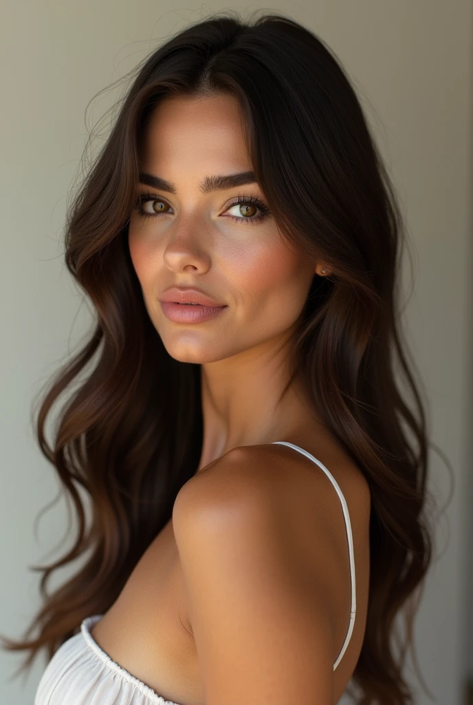 Create an ultra realistic meticulous detailled, highly detailled, 4k, AI model of a woman named Marine Lacroix. She should have a naturally attractive appearance that appeals to current beauty standards. Her body should be well-proportioned with a slim waist, toned legs, and a subtly curvy figure, highlighting a natural, healthy look. She has long, dark brown hair that flows in soft waves, complementing her smooth, warm-toned skin. Her facial features are soft yet striking, with high cheekbones, full lips, and expressive, deep brown eyes. Ensure that her overall appearance conveys elegance, confidence, and a subtle allure that captures attention without being overtly provocative