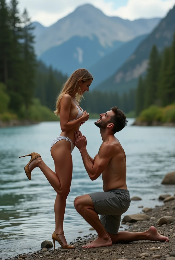 A nude woman showing her high heels and a man sucking her breast kneeling in front of her, 6 pack abs, cute face, river, mountains, forest