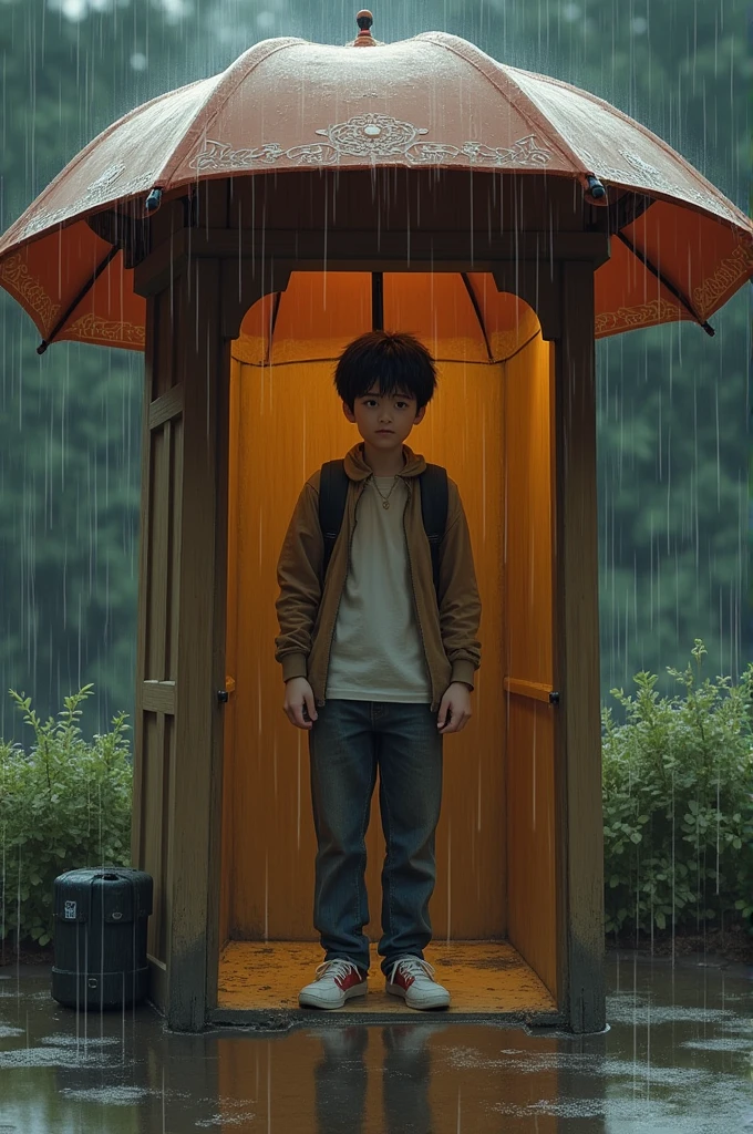 A student sheltered under an umbrella or in a closed cabin while it rains.
Sun protection: A drawing showing a cooling shade or a roof over the student's head.