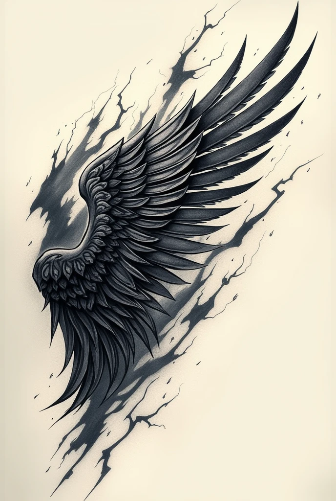 A tattoo design with a wing on the outer layer and lightnings behind of it on right shoulder