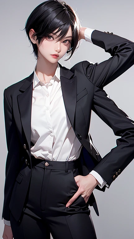 bra、older sister、cool、slender、Black Hair,、Short Hair、In a suit、pants、Ass
