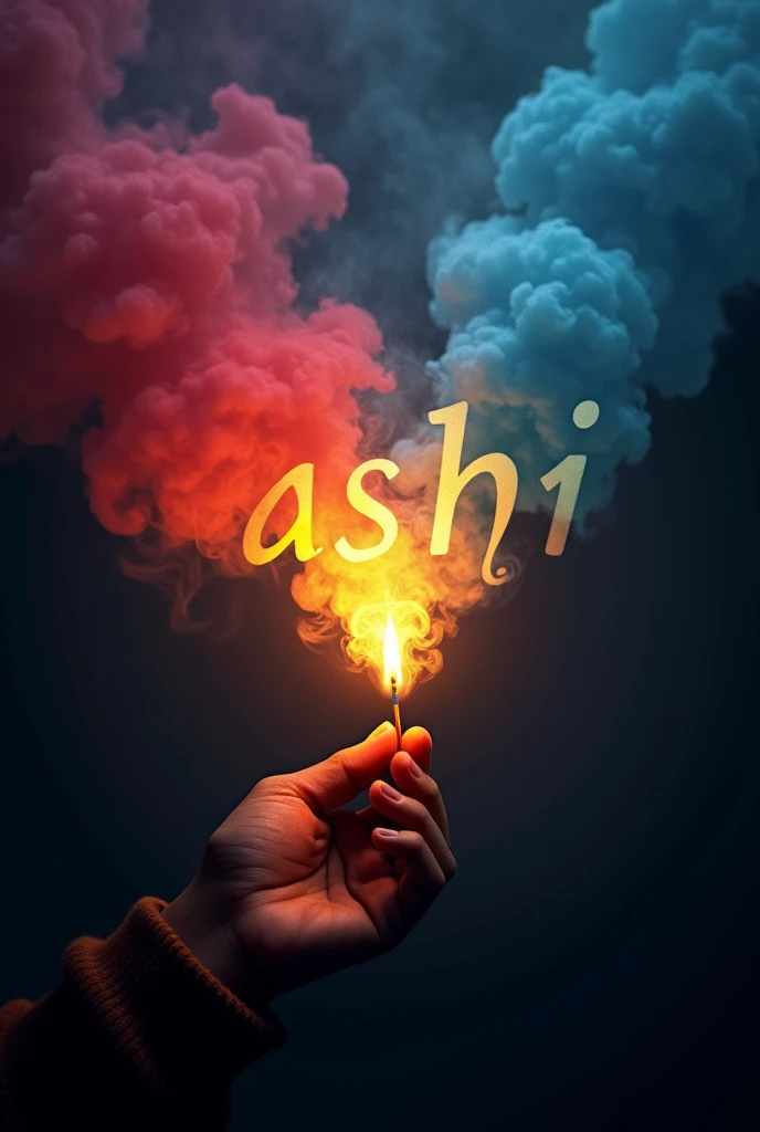 Dark and mysterious tone background with a central light that is created from a lit match with a beautiful flame. One hand is holding the match, details of the hand are visible. The smoke that emanates from the match is dense and colourful, transforming into letters that float in the air. The letters "RASHMI" are made up of smoke in vibrant colors such as RED, YELLOW, BLUE, PINK.the background of image is dark, making the colors of the smoke even more prominent.