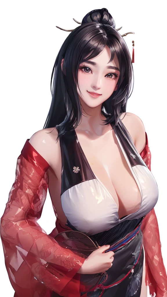 (((Perfect body,(((ruanmei fashion))),(((Black long hair))),((masterpiece)),high resolution, ((Best quality at best)),masterpiece,quality,Best quality,((( Exquisite facial features,Looking at the audience,There is light in the eyes,Smile))),))),(((Light and shadow,Huge breasts,))),(((Looking at the camera,White background,))))
