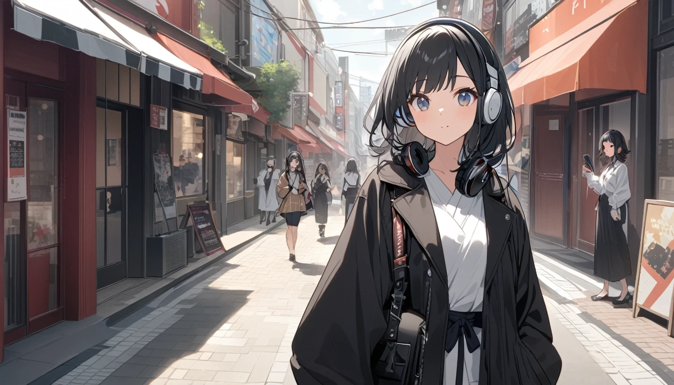 東京のStreetscape、A woman with black hair and cute clothes looking at me,Streetscape、Listening to music with headphones、Japanese