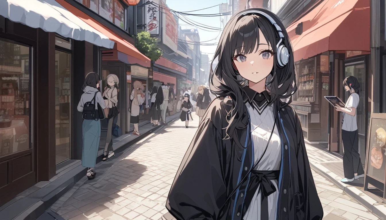 東京のStreetscape、A woman with black hair and cute clothes looking at me,Streetscape、Listening to music with headphones、Japanese
