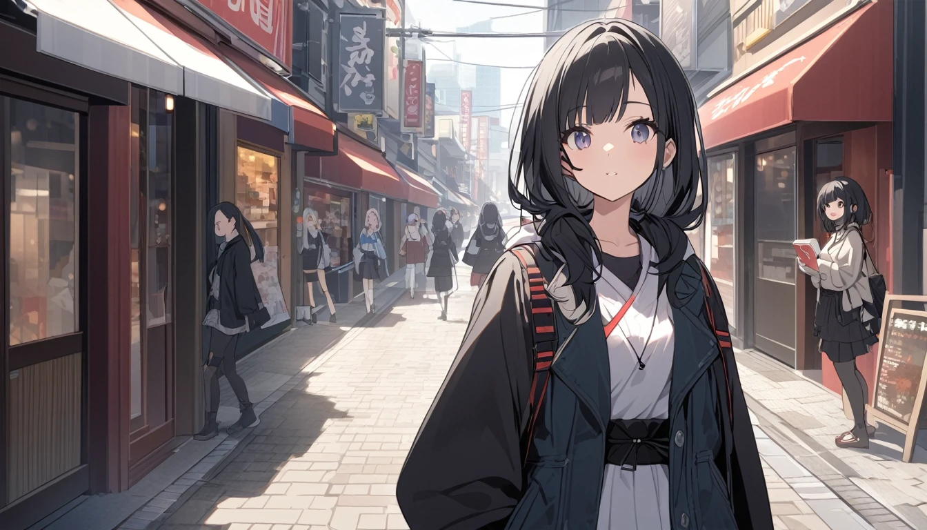 東京のStreetscape、A woman with black hair and cute clothes looking at me,Streetscape、Listening to music with headphones、Japanese