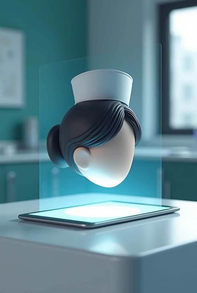 Realistic 3d image of a tablet with a hologram of a nursing cap and lamp coming out. The nurse must wear a modern cap and a bun as her hairstyle.. More realistic image.
