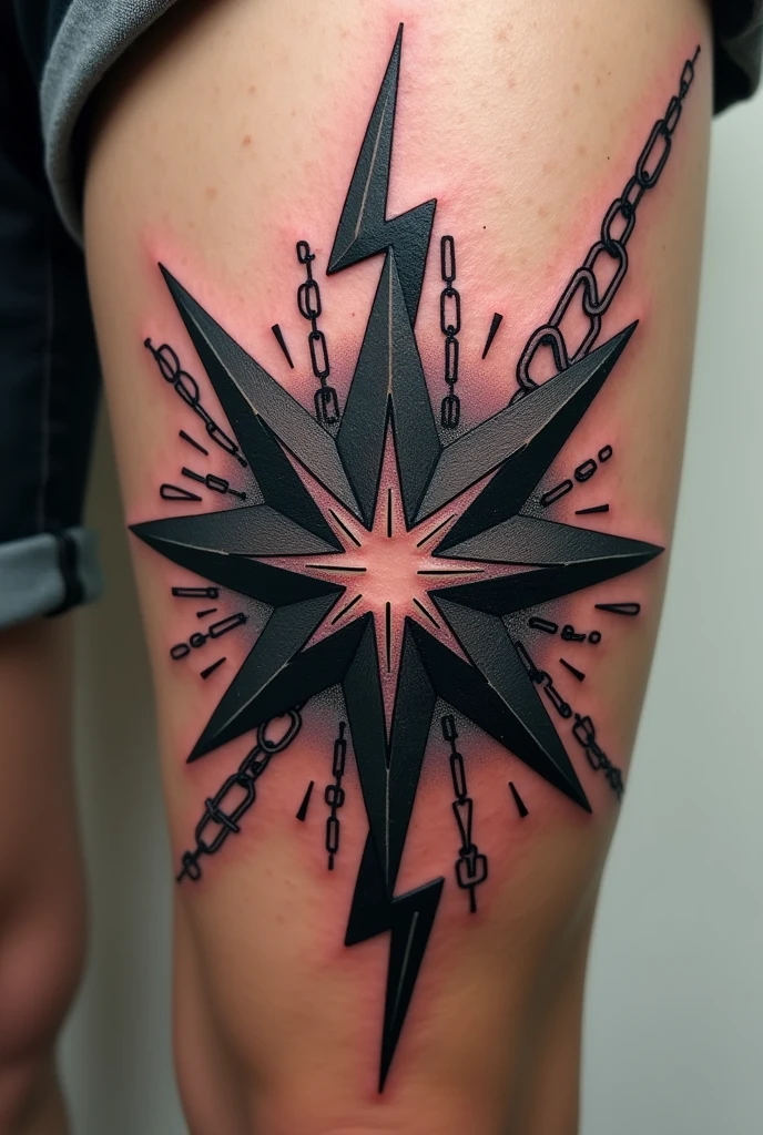 a star knee tattoo design with lightnings and chains around it