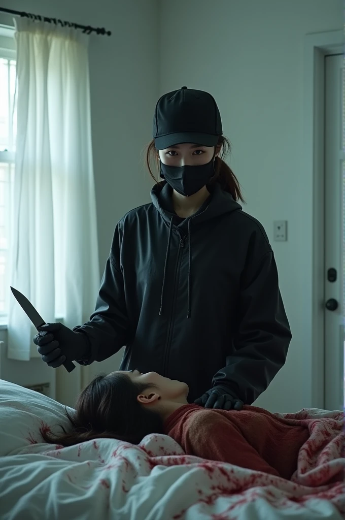 korean girl, (behind stiff, holding knife), stabbing, black surgical mask, black gloves, white room, black raincoat, black wet suit, trucker hat, holding knife, black gloves, woman on top, behind cadaver, blood splatter, on the bed, looking at viewer, mass murderer, killer, low ponytail, blood splatter, atmospheric realistic, light from the window,