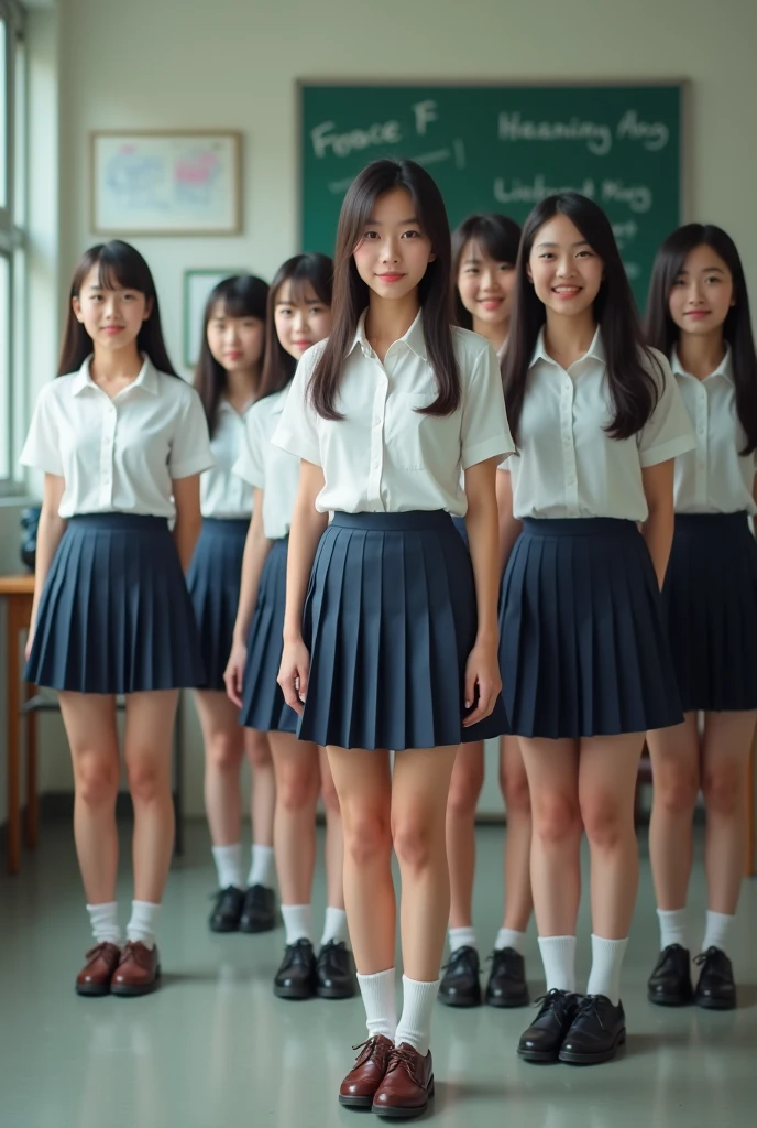 A row of realistic Asian girls in school uniforms standing in a room