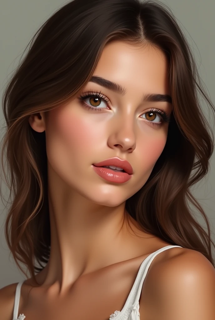 Young Spanish woman 2, light brown eyes, long eyelashes, pink luscious lips, thin nose, smooth and brown long hair, thin eyebrows,