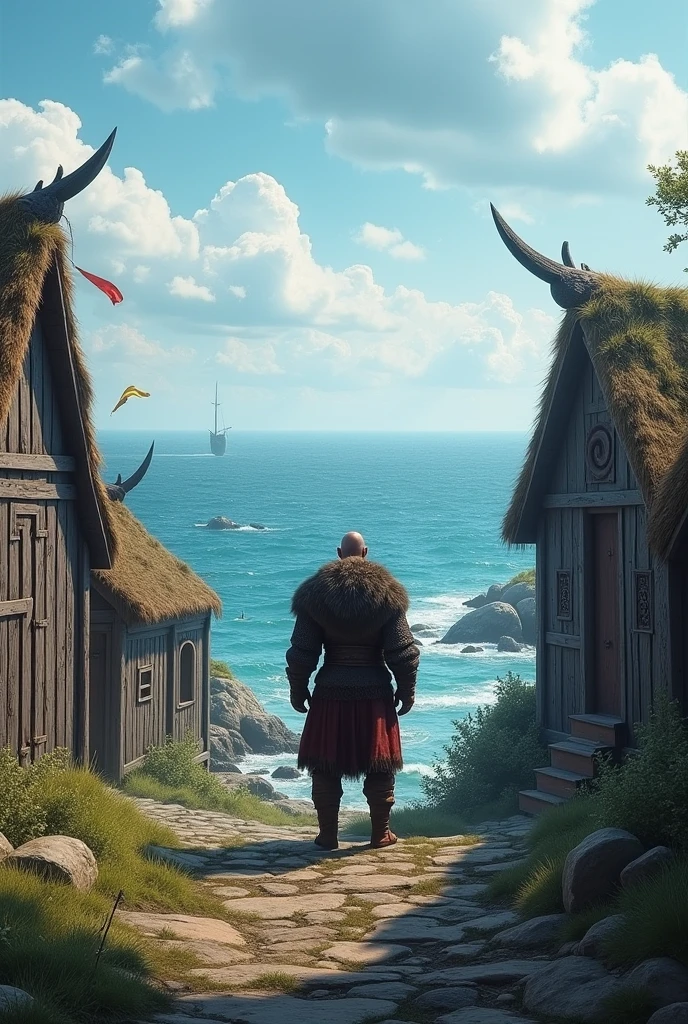 Viking village with a sea in the background and a Viking standing with his back turned