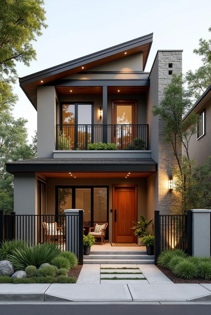 1. Style: contemporary,with touches of the classic, with a feeling of home.

Debt in three parts, entrance and two sides 2. Improve security, without closing the front too much (Wall). . Trazer elementos naturais como Wood, vegetation, stones etc.

3 4. Give more volume to the facade and/or sensation of volume.

6. Monica appreciates: pergola, gram, plants, glass, Wood, stones, more neutral overall tones, with contrasting points, a mix of coziness and sophistication etc..