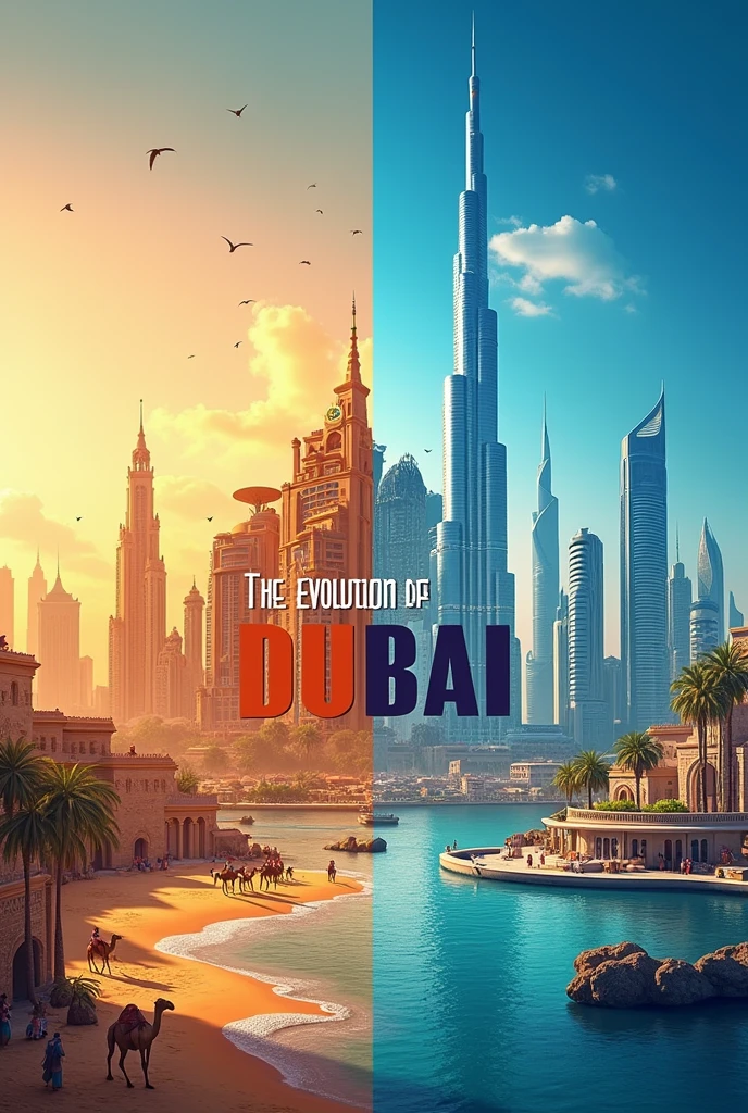 "Design a horizontal YouTube thumbnail showcasing 'The Evolution of Dubai.' The thumbnail should feature a split-screen concept. On the left side, depict old Dubai with traditional architecture, desert landscapes, and a few camels. On the right side, show modern Dubai with iconic skyscrapers like the Burj Khalifa, luxurious hotels, and futuristic transportation. Use bold, eye-catching text that reads 'The Evolution of Dubai' across the center, with contrasting colors to highlight the transformation. Include a subtle, dynamic background that blends the past and present, emphasizing the city’s incredible growth."