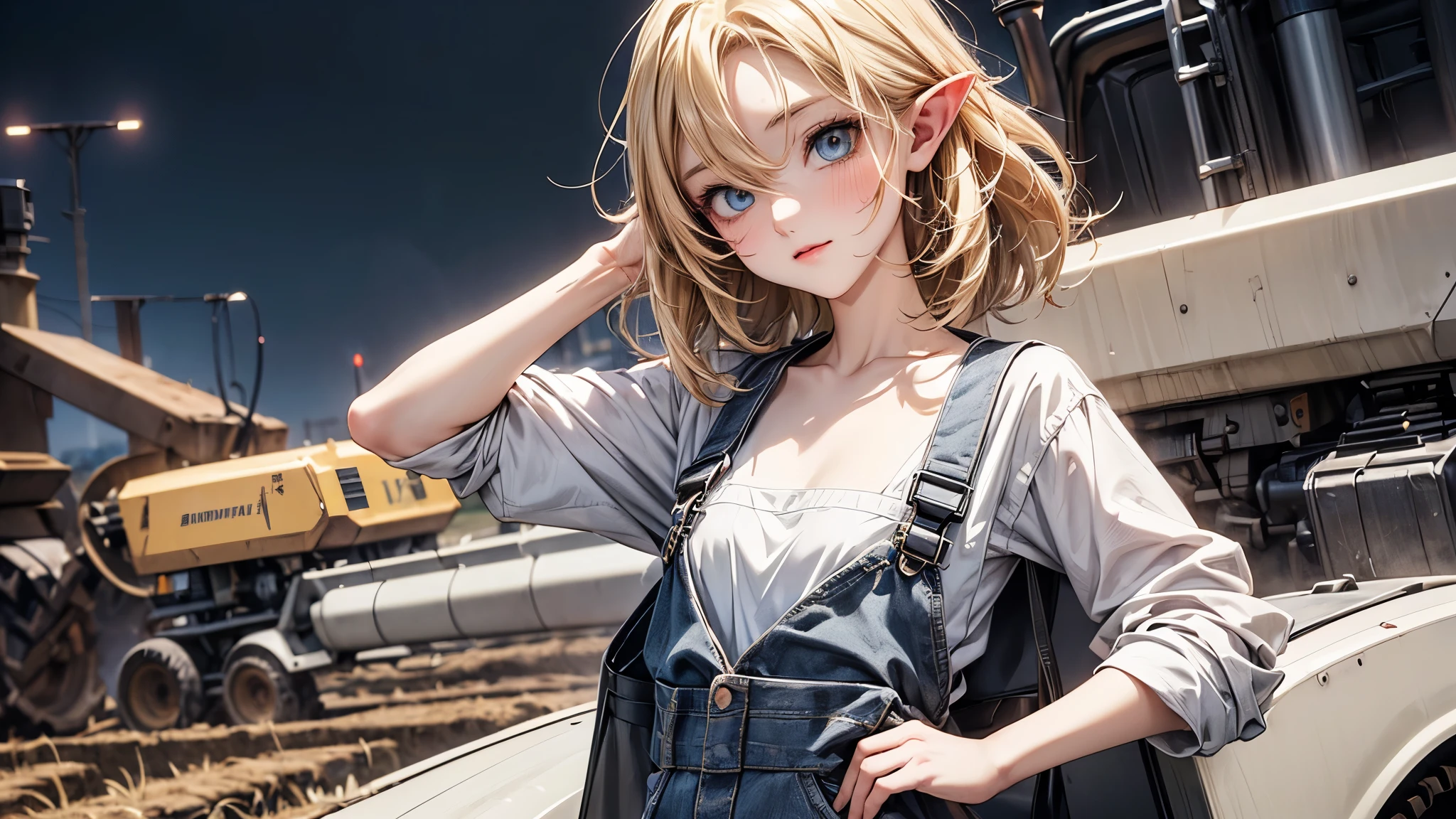 ((Masterpiece)), (Anime:1.5), ((best quality)), (RAW photo:1.2), (High Definition:1.3), (Professional Photography:1.2), (), (1girl), cute young girl, BREAK, (naughty face:1.3), (Beautiful daiamond eyes:1.5), (pale skin), elf girl, wearing Gray Workwear Coveralls, flat chest, slender waist, BREAK, (hair over eyes:1.2), Silky unruly hair, medium hair, ((blond hair)), wearing Gray Workwear Coveralls, ((in the field among agricultural machines)),