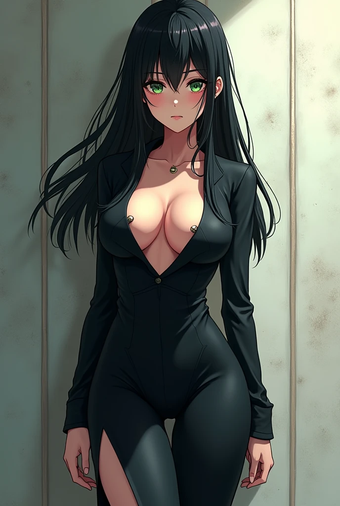 black hair brown green eyes firm ass skinny small breasts long suit with a neckline slit in the dress legs anime