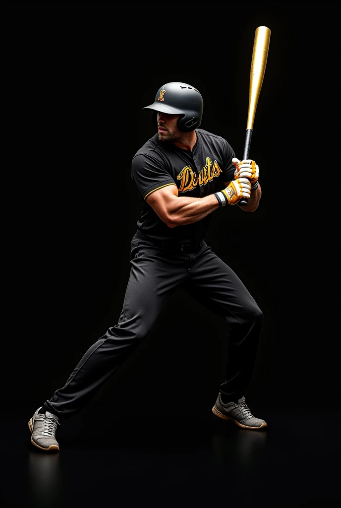 A man in a black baseball uniform with gold logos swinging a gold bat, on black photography background