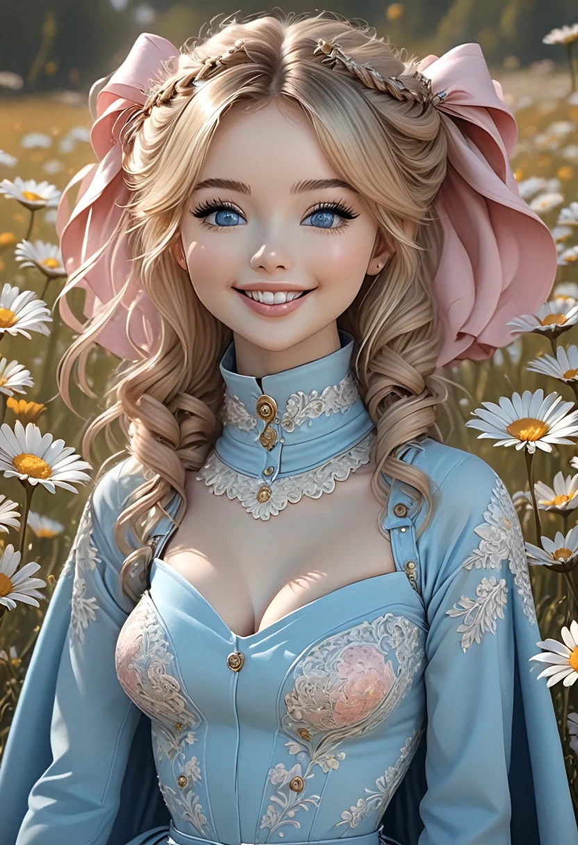nose piercing, standing, jewelry, BABY-BLUE cloak, baby-pink jumpsuit (insanely detailed, beautiful detailed face, masterpiece, best quality), cleavage, piercing blue eyes. TWIN-TAILS. BEAUTIFUL COMBO OF Sabrina Carpenter and Ivanka Trump . dd-cup sized breasts. short and dainty. happy, smiling cheerful face. Skipping in a magical meadow of daisies. Magical realism. 1950s Panovision 70. 4K Ultra HD, Extreme Detail And Intricate Realism. Stunning 2D Vector Detailed clear. lifelike.
