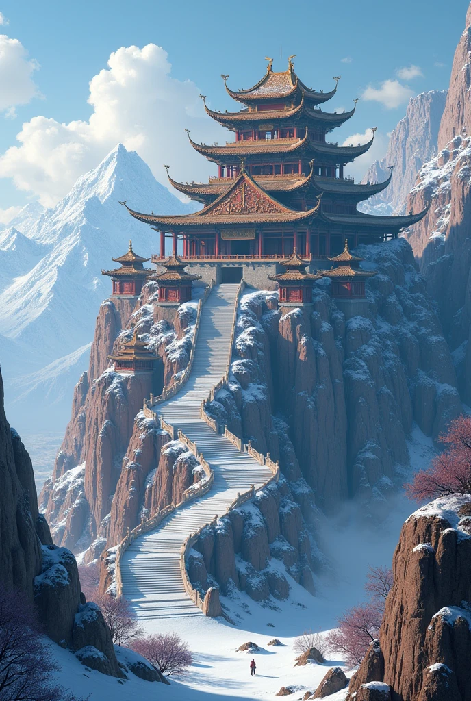 Grand, haut, large et magnifique palais royale Impériale asiatique avec un escalier qui descend jusqu'au bas de la montagne, sur une montagne enneigées. Style Photorealiste