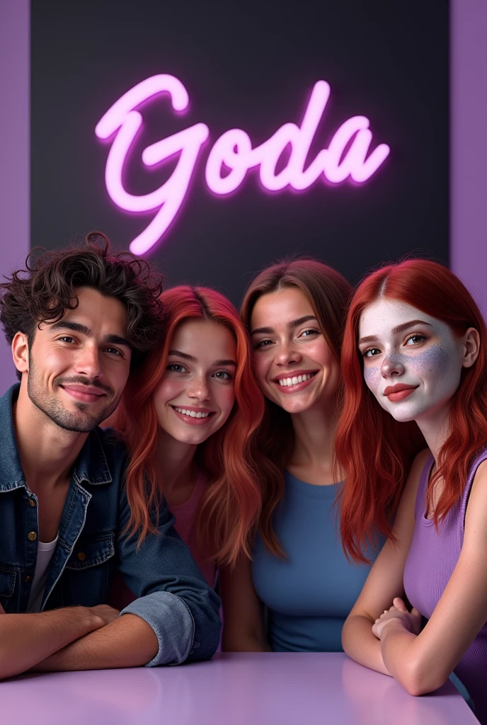 create four characters, two young men and two young women who are on the podcast, each with their own beauty and one is brunette, the other is chubby, one is redheaded with freckles and the other has vitiligo, which has the name of the podcast in Portuguese and which the colors are lilac with black