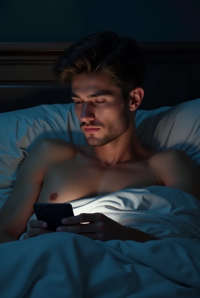 A handsome young man is lying in bed at night half covered with a blanket and shirtless looking at a mobile.