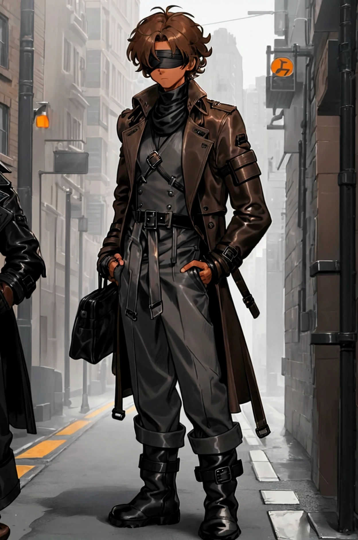 1man, tall, very tanned, lean, (light brown hair, short hair, messy, fluffy hair), city, modern, ((open black leather trench coat, fingerless gloves, white blindfold, grey baggy pants, black military boots)), hands in pockets