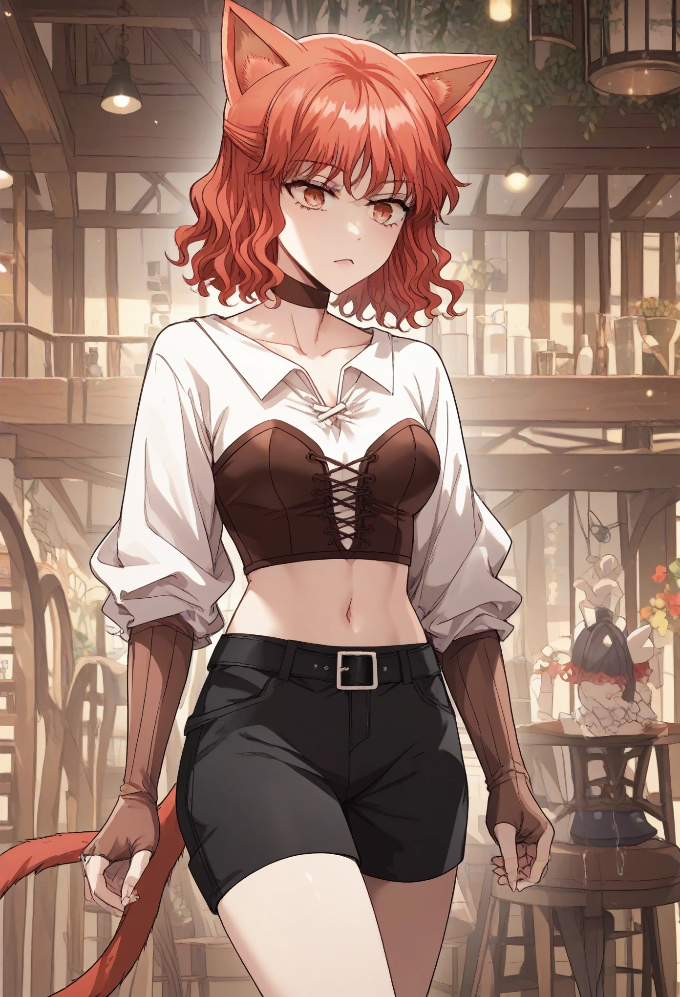 MisshaKarlstein, cat woman, red eyes, red hair, short hair, wavy hair,top tank,shorts,midriff,navel
