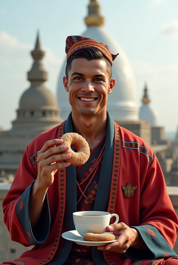 Will please create a photo a Cristiano Ronaldo wearing daura sural Dhaka topi and eating donut with marks Chiya with beautiful boudha stupa background