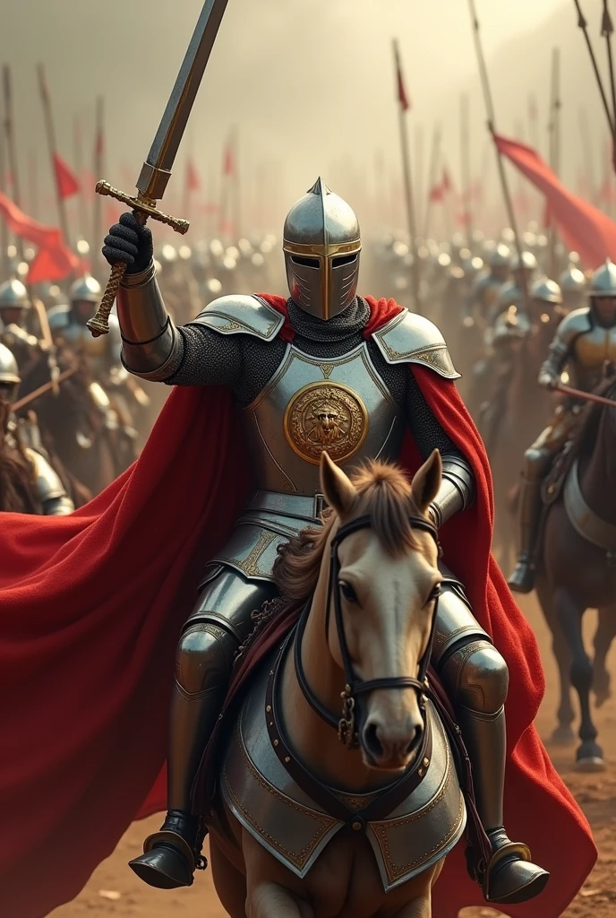 knight, Red Cape, Armor with many gold and white decorations, Lion emblem on chest, Riding a war horse, Raise your sword, Running on the earth, knightの軍勢, Demonic army, Inverted triangle formation, To confront, wide shot, from above