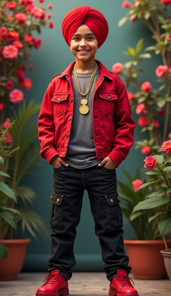 A 16+ years Punjabi boy wear a red colour , turban ,siting on bold name "RAJU RAI" , red denim jacket , black cargo jean , , red shoes , , , realistic, background in flowering. Lighting plant, , modern style , gold coin nackless in neck ,smile ,